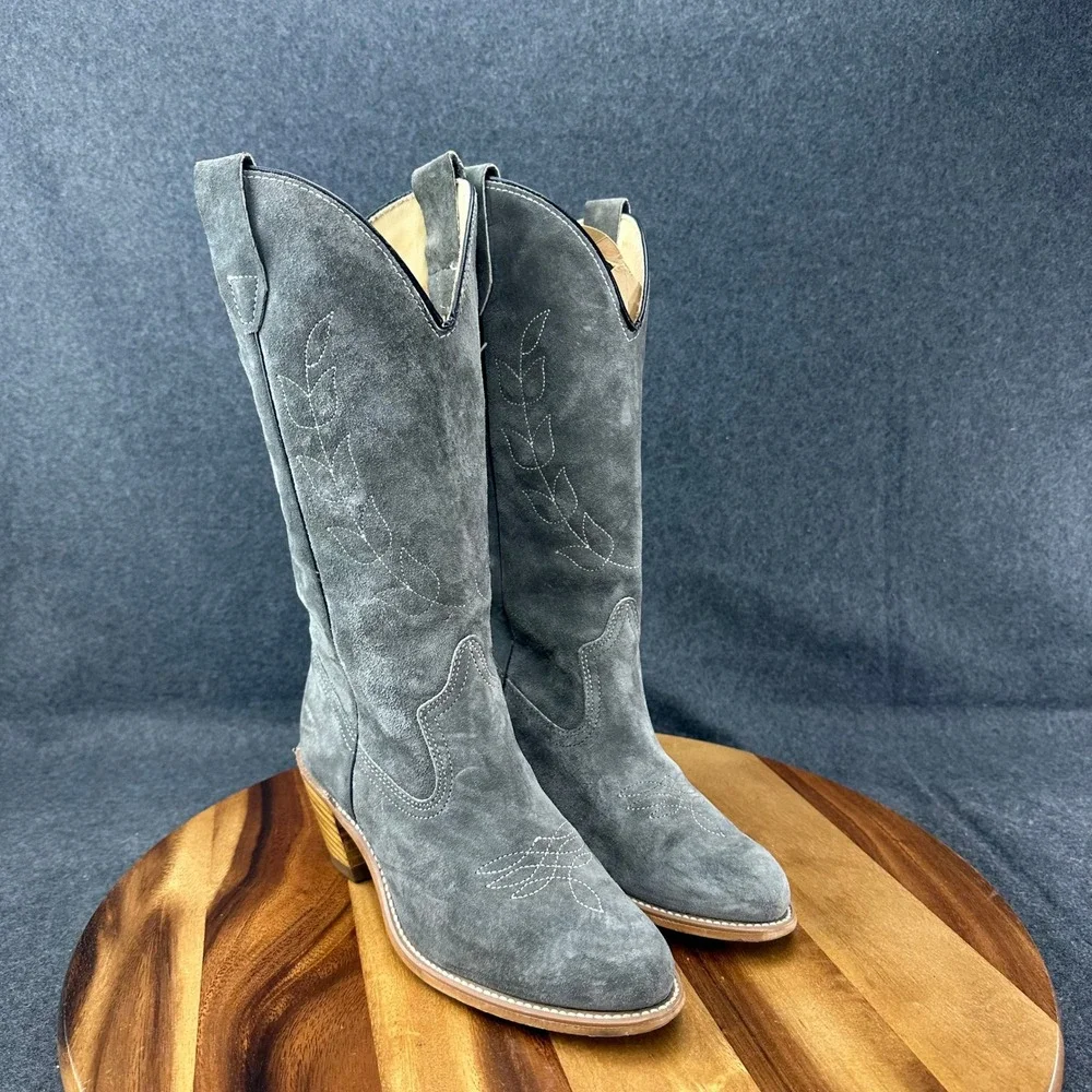 Vtg 80s Wolverine Grey Suede Western Cowgirl Boots Womens Sz 7 Leaf #1956 - Picture 2 of 14